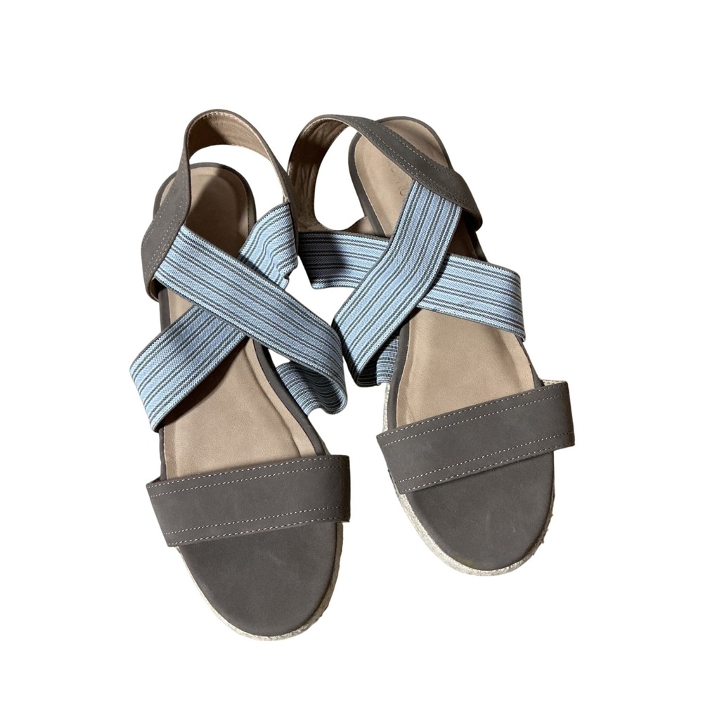 Market & Spruce Womens 7.5 Striped Elastic Espadrille Wedge Sandals Taupe Blue